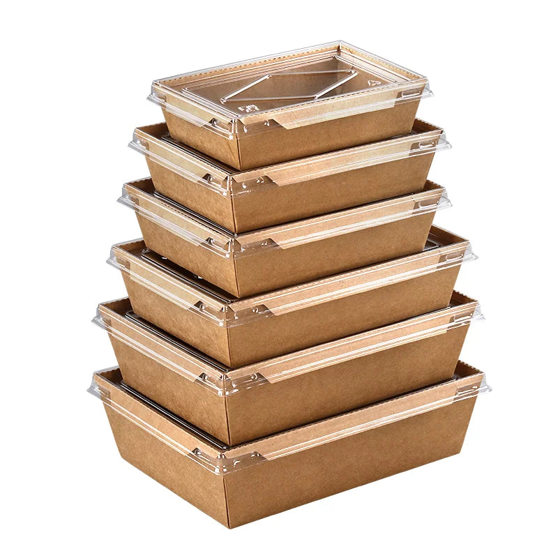 Disposable Kraft Salad Paper Box with Separate Plastic clear Window Lid