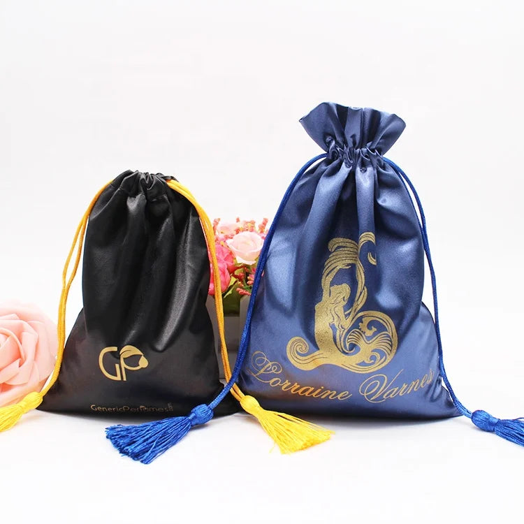 Custom Logo Luxury Satin Drawstring Jewelry Pouch Soft Eco-Friendly Custom Color Packaging Hair Dust Bags Promotional Gifts