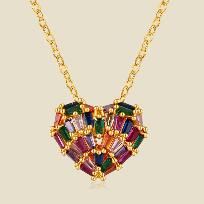 European American Fashion Bohemia Brass 18K Gold Plated Luxury Zircon Heart Shape Pendant Necklaces Women's Anniversary