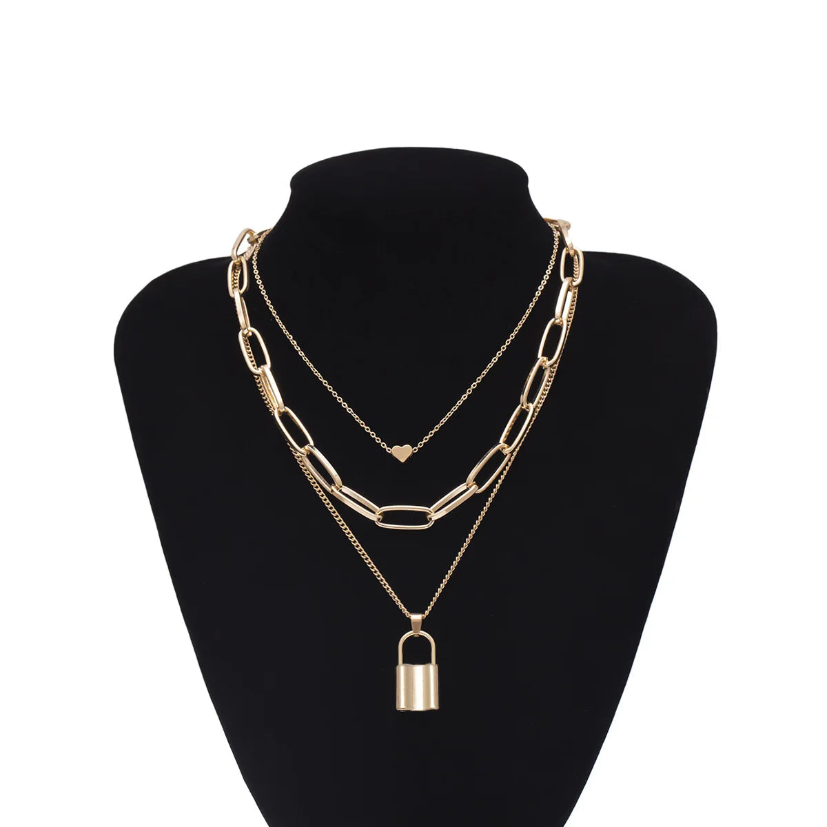 18K Gold Plated Christian Alloy Link Multi Layer Chunky Heart Pendant Necklace Triple Layer Lover Lock Design Hip Hop Style MegaBDM