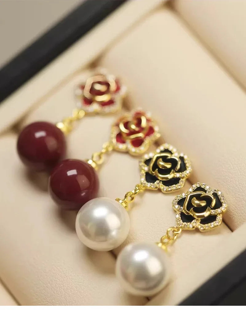 Fashion Trendy Copper Imitation Pearl Rose Flower Charm Huggie Hoop Dangle Drop Earrings Party Daily Women Jewelry Wedding
