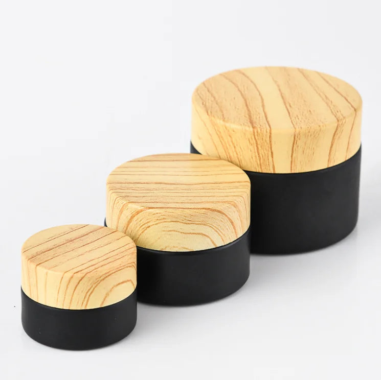 Day Night Skin Care Cosmetic Bottles Jars 30g 50g Wood Grain Cap Empty Matte Black Glass Cream Jar