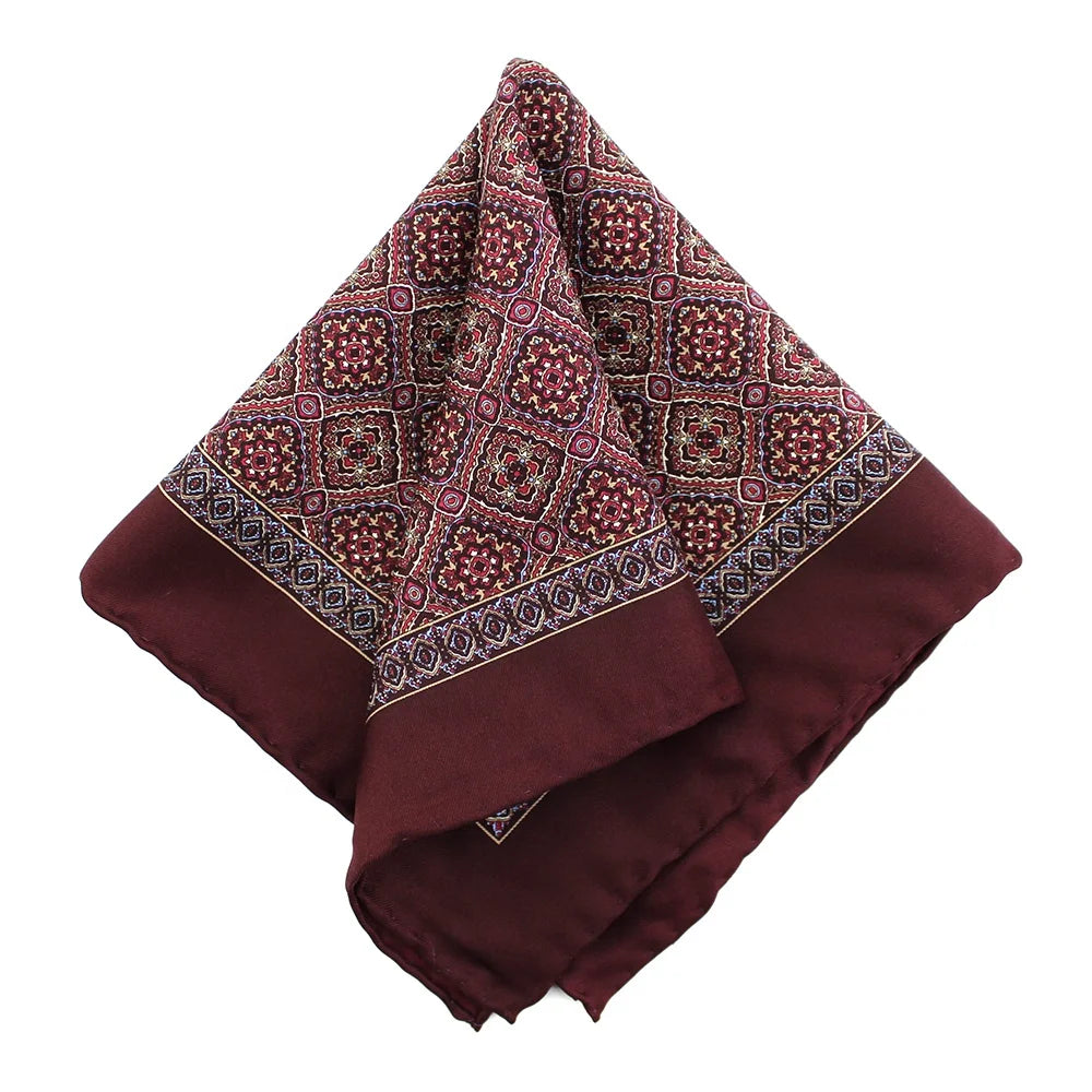 Premium Men Handkerchief Novelty Geometric Floral Fashion Custom Print Burgundy Wholesale 100% Silk Hand Rolled Pocket Square