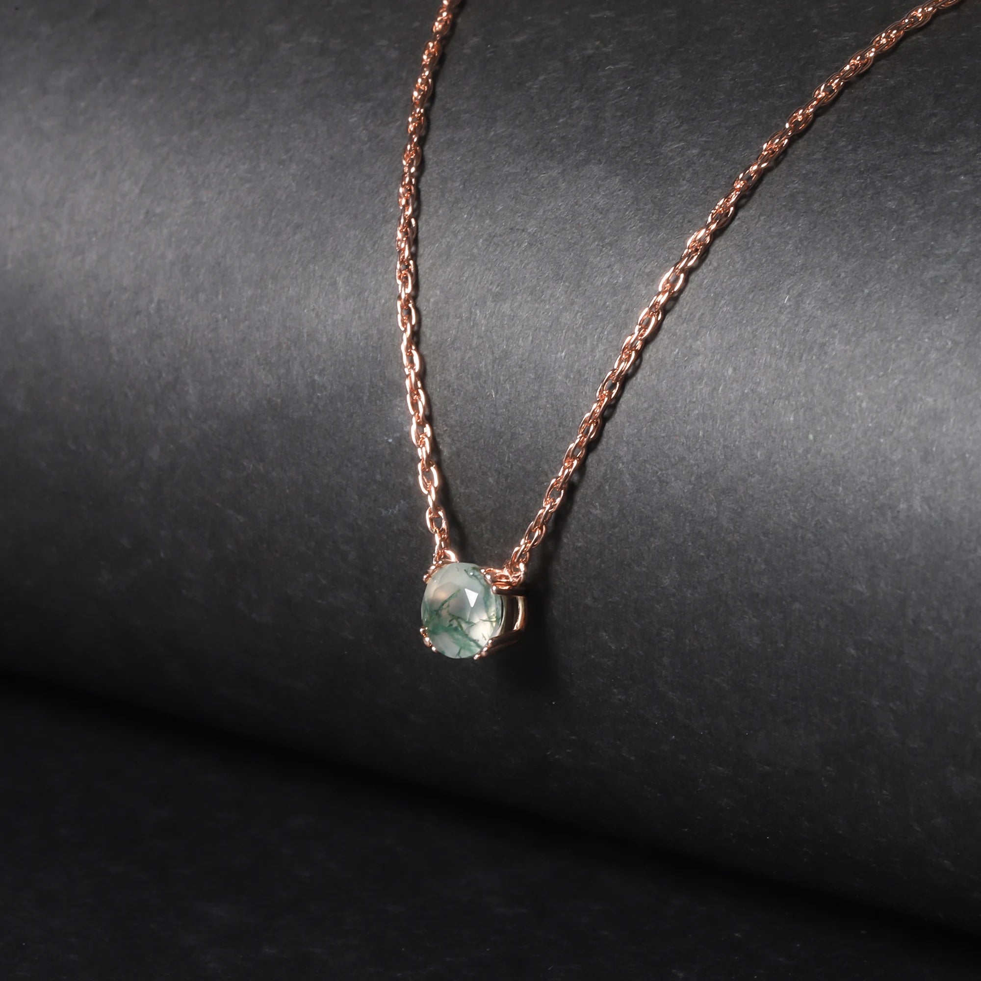 OL1009 Abiding Fine Simple Jewelry Wholesale 6mm Gemstone Rose Gold Plated Solid Silver Moss Agate Necklace