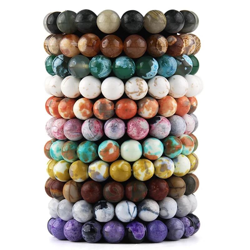 Women 10mm Pink Quartz Pic jasper Natural Gemstone Amazonite Stretch Bracelet Elastic Yoga Bracelets