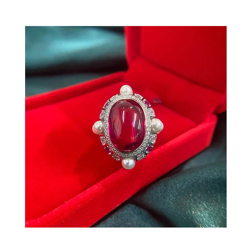 Newest Design Luxury Big 13*18mm Red Ruby 925 Silver Ring Paved With White Round Pearls  for Party