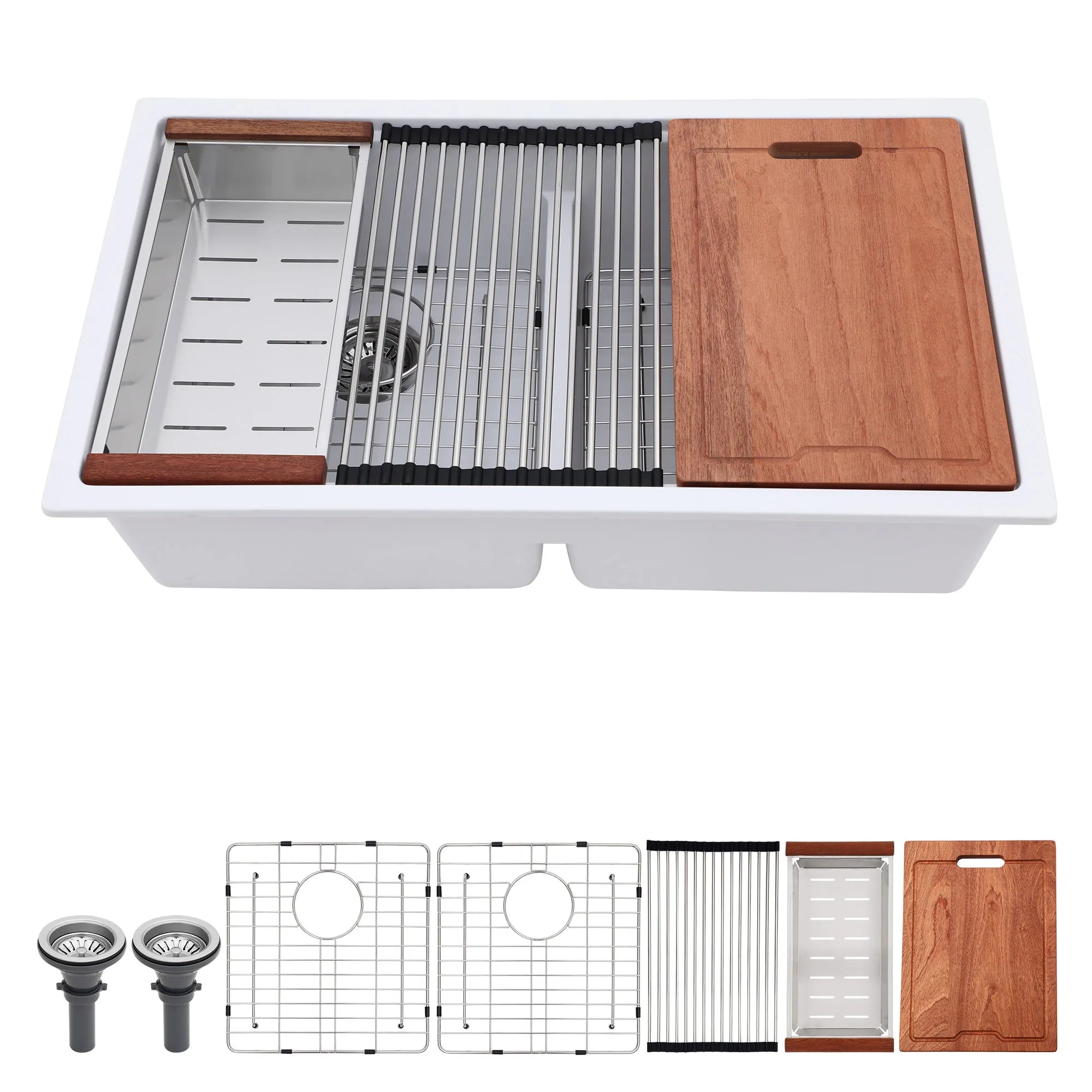 Sarlai Group 33"x19" Quartz  with Workstation Undermount White 33 Double Bowls Granite Composite Kitchen Sink