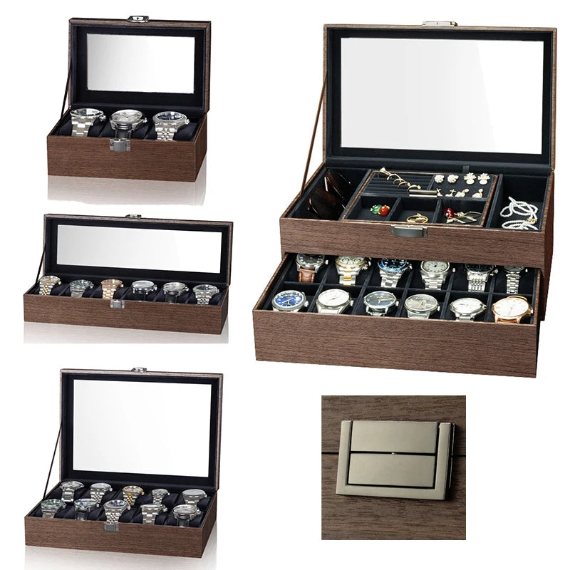 Wholesale New Brown Walnut Design Wood Watch Case Boxes Lining Black Suede with Lock Window Watch Case Organizer