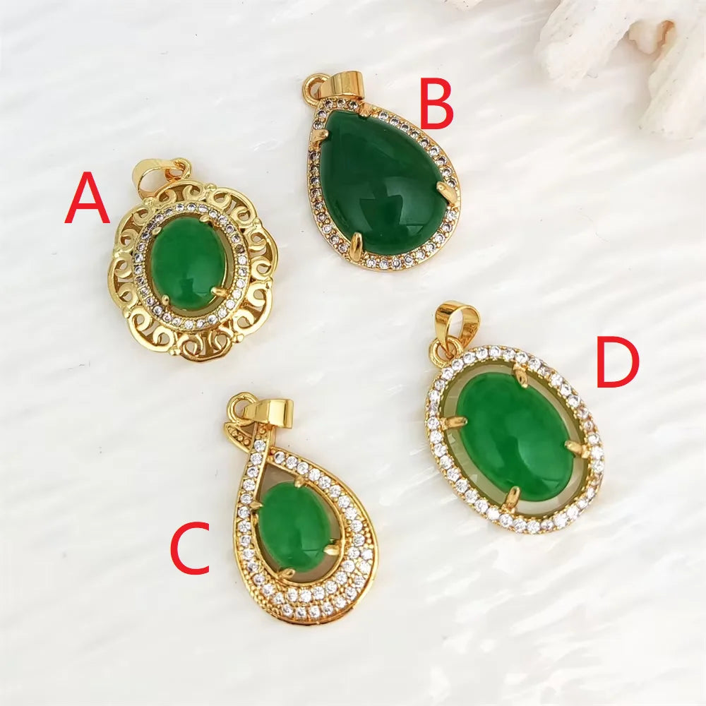 Chinese Classic Jewelry Natural Gemstone Chrysoprase Pendants Paved Zircon Green Quartz Chalcedony Pendant for Necklace Making MegaBDM