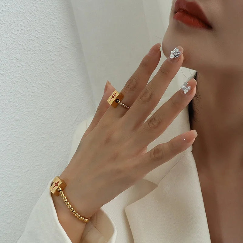Accessories Women Permanent Jewelry Mahjong Red Stretch Rope Ring Ring Bracelets Titanium Steel 18k Gold Hand Ornaments Set