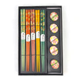 Japanese Style Popular Reusable Color Sakura Painting Wooden Chopsticks with Rest 5 Pairs with Ceramic Rest for Gift