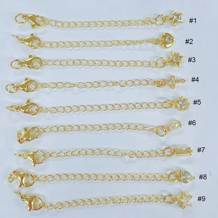 18K Gold Plated Brass Extension Chains with CZ CharmsNecklace & Bracelet Tail Extender with Lobster Clasp for Jewelry DIY