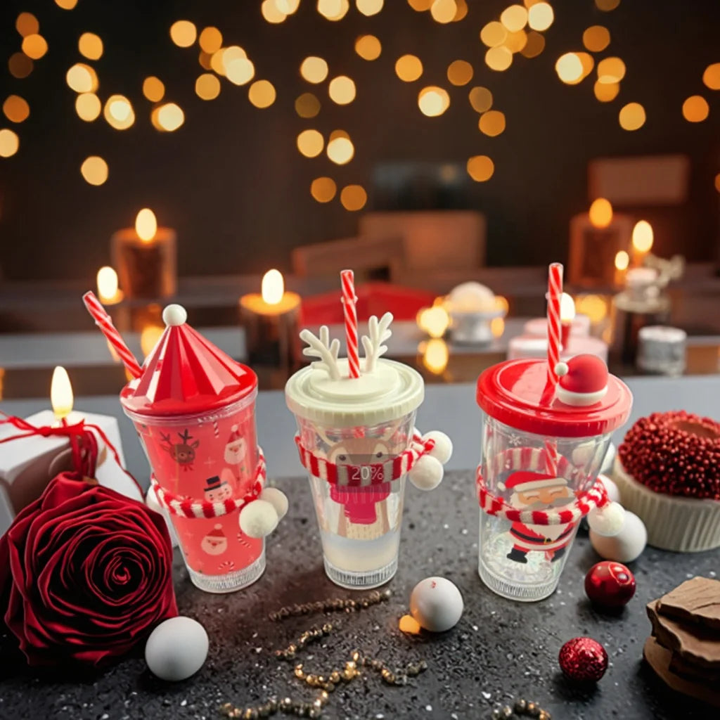 16oz LED Christmas Luminous Double Wall Plastic Cup with Lid and Straw New Design for Party XMAS Lovely Cup