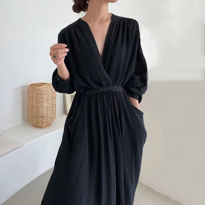Wholesale 2025 Spring/autumn  Korean Fashion Casual Loose Women's Dress Elegant Gentle Retro Long Sleeve Short Sleeve Dress