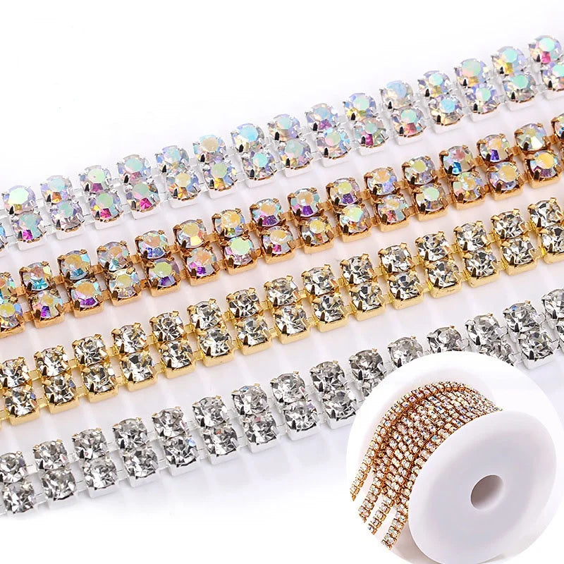 HFour SS6 SS8 SS12 SS16 Double Row Shape Crystal Glass Rhinestone Cup Chain 3D Sew-on for Dresses White AB Color Rhinestones