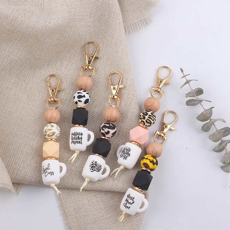 Lovely  Coffee Mug Cup Silicone Beaded Keychain Gold KeyRings Mama Gift Key Holder for Car Bag Purse Charm Wristlet Accessory