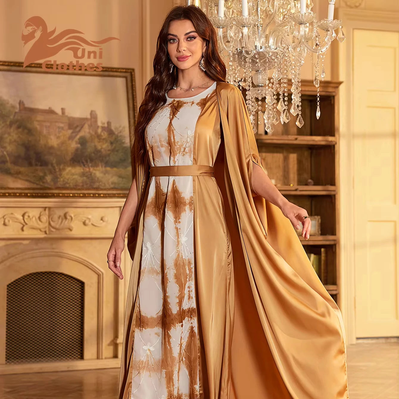 Camel Sequins Dress Tunic Muslim Clothing Islam Print Two Piece Set Abayas for Women Dubai Ramadan Factory Price