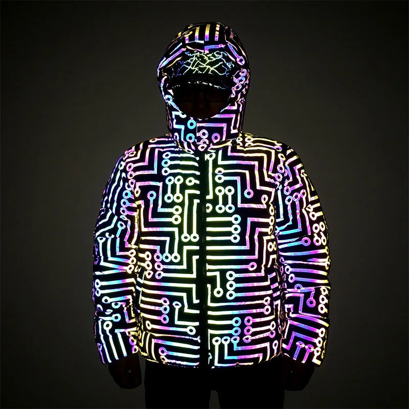 Comfortable Circuit Pattern High Vis Glitter Reflective Casual Bubble Jacket Coat Winter Down Clothing for Men Workout Hip-hop