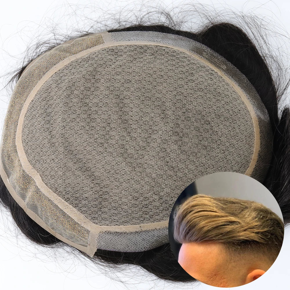 Natural Black 7x9 7x10 8x10 Inch Men Toupee Replacement System Silk Top Male Human Hair
