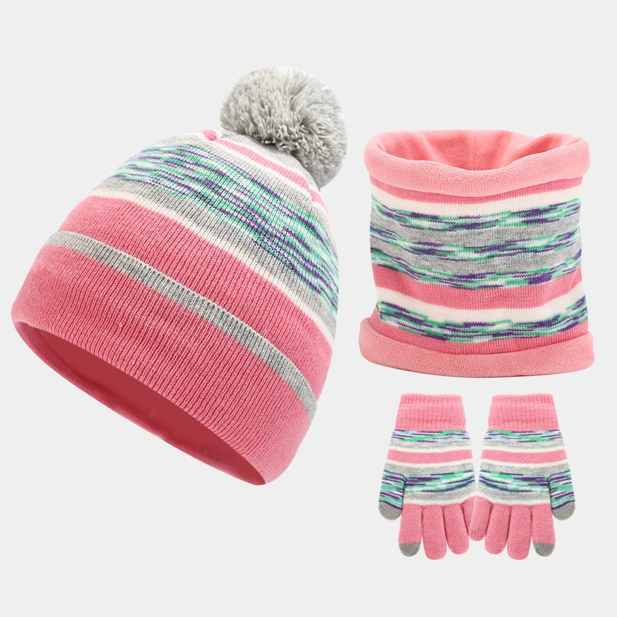Custom logo Kids Winter Thick Warm Fleece Lined Hat Gloves Scarf Neck Warmer Set for Age 4-8 Years