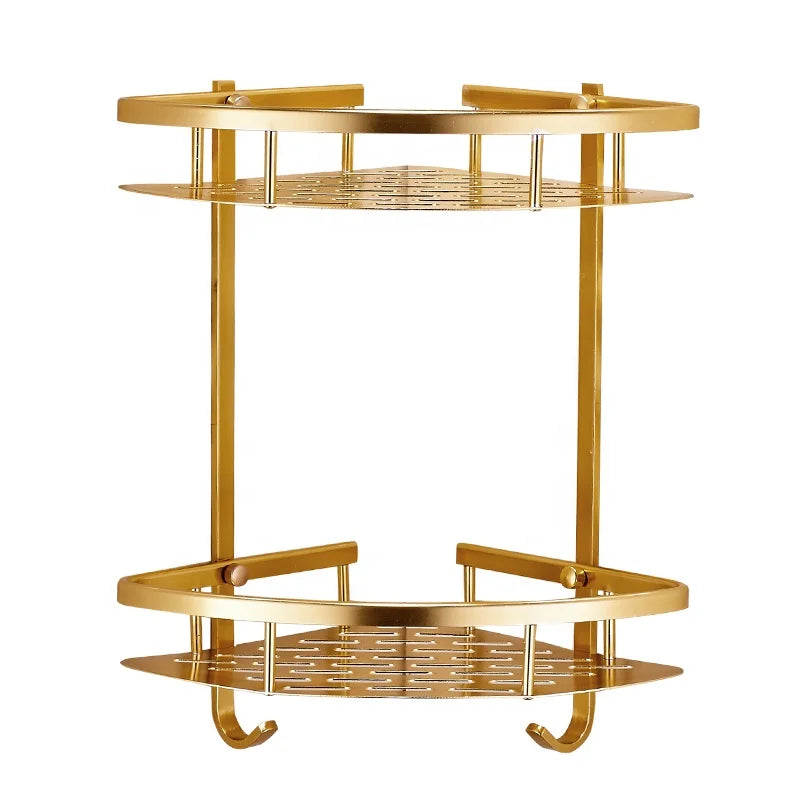 HONAJO Modern Polished Aluminum Dual Tier Wall Mounted Corner Bathroom Organizer Caddy Shower Shelves Hooks 3-Year Warranty