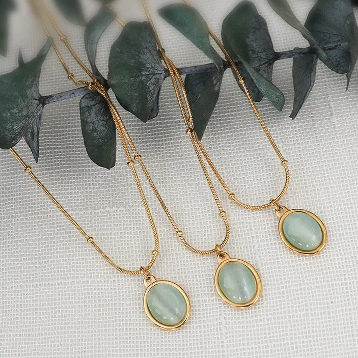Retro Stainless Steel Plated 18k Gold Ins Jewelry Female Clavicle Chain Opal Oval Pendant Necklace Collar De Acero Inoxidable