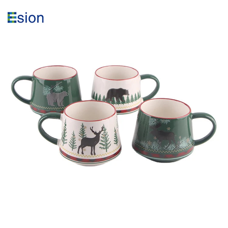 Wholesale 12oz New Bone China Ceramic Coffee Mug Set Custom Christmas Tree Logo Porcelain Milk Tea Drink Cup Xmas Holiday Gift