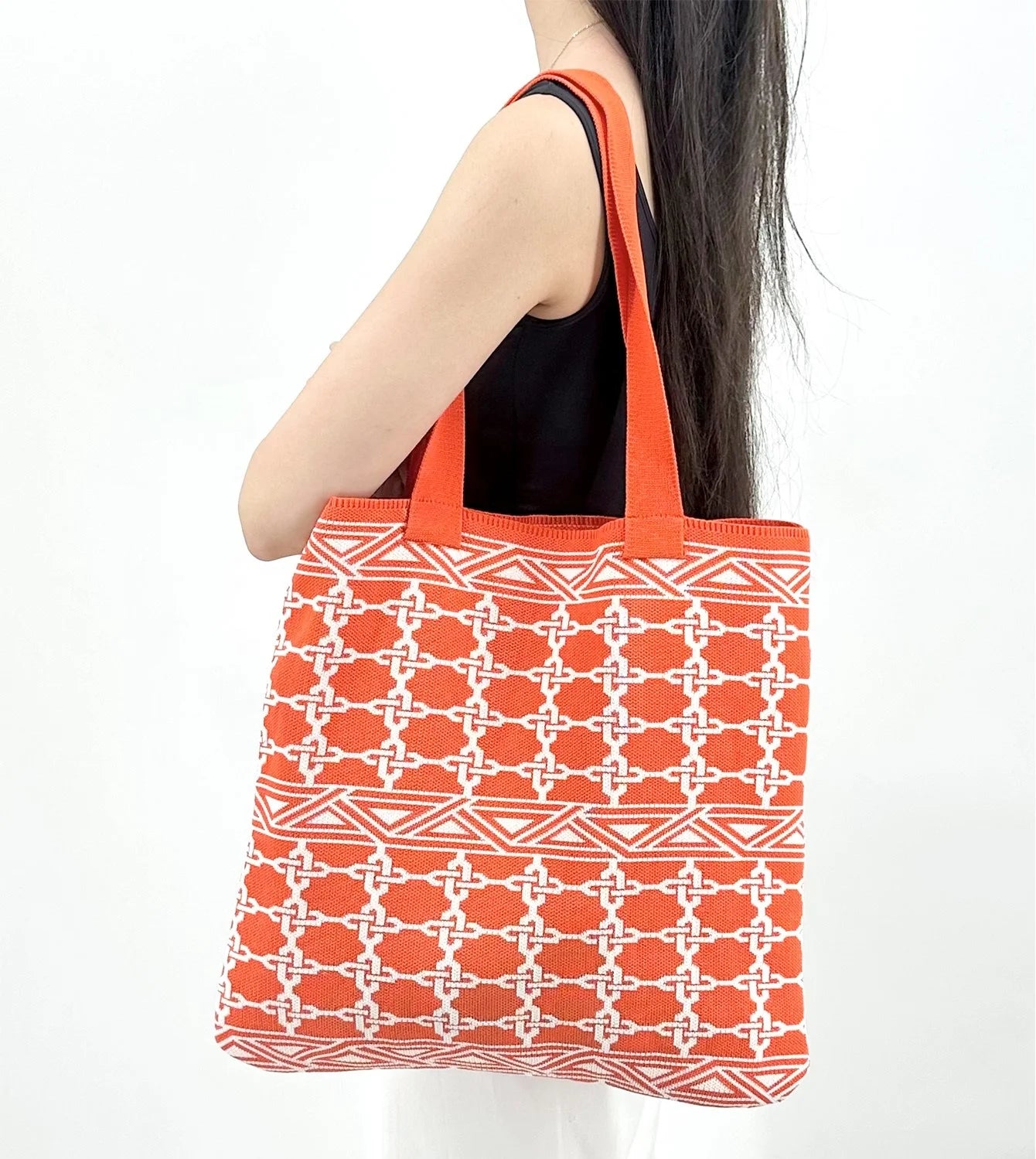 Fashion Korean Knitted Polyester Women's Large Capacity Lightweight Portable Reusable Shoulder Tote Bags for Shopping