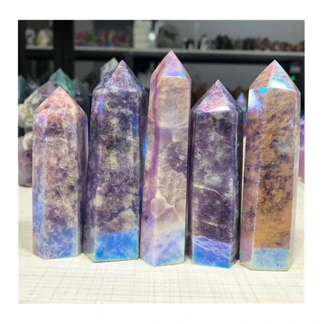 Natural Crystal Point Angel Aura Lepidolite Crystal Quartz Healing Stones Feng Shui Crystal Tower For Home Decoration