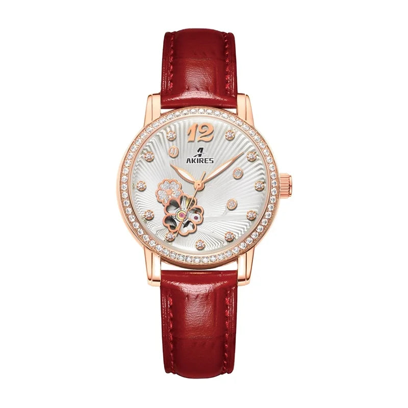 AKIRES Hot Sale Women Watch 316L Stainless Steel Leather Strap Fashion Luxury Wristwatch Lady Female Automatic Watches Gift