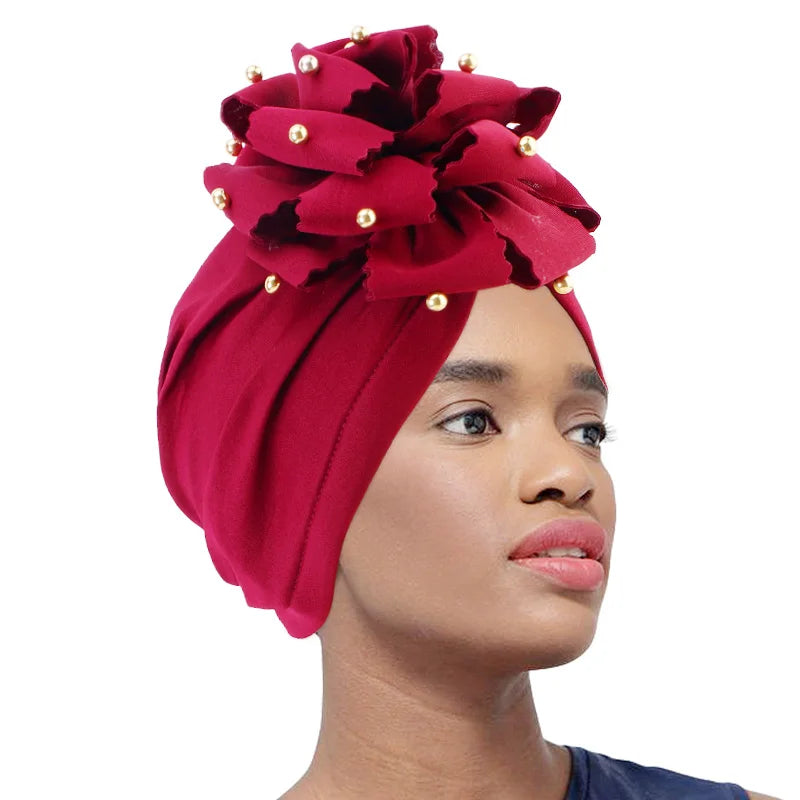 Hot Sale Elastic Single Layer Sponge Fabric African Headwrap Flower and Bead Turban for Women