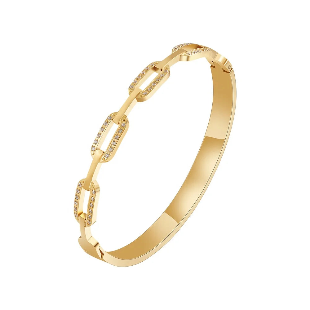 Latest 18K Gold Plated Stainless Steel Jewelry Crystal Zircon Geometry Design Cuff Bracelet for Women Party Bracelet B232356