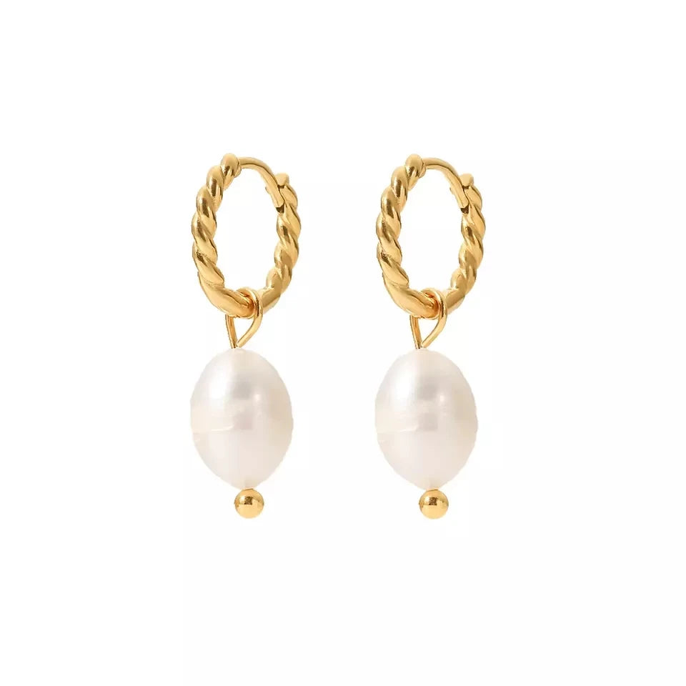 Drop Ship Stainless Steel Fine Jewelry Twisted Hoop Earring Gold Hoops Freshwater Pearl Dangle Earring Jewelry Pearl Earrings
