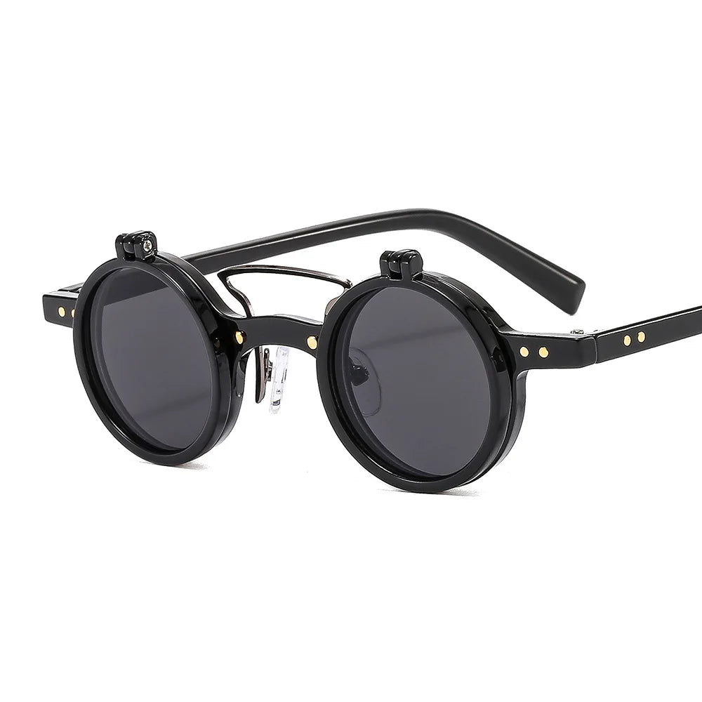 round Frame Punk Sunglasses with Double Flip Men and Women Biker Trend UV400 Protection PC Material Black and White Styles