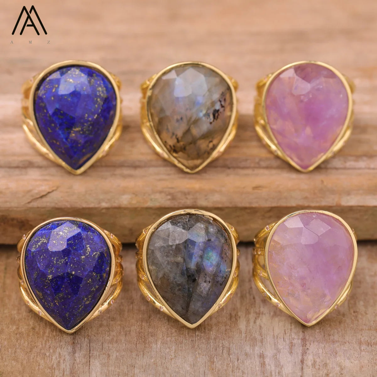 Luxury Gemstone Teardrop Rings  Open Gold Band  Healing Amethyst Lapis Labradorite Ring for Women