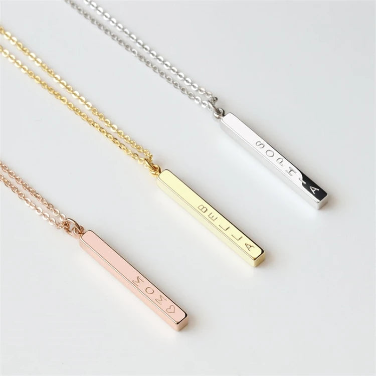 Fashion 18k Gold Plated Stainless Steel Engrave Custom Name Personalized Vertical 3D Bar Necklace for Women Fine Jewelry