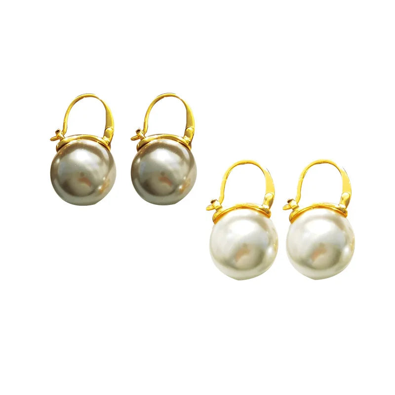 Elegant Vintage INS Simple Big Pearl Hoop Earrings Real Gold Plated Copper Brass Trendy Stud Design for Women's Wedding Jewelry