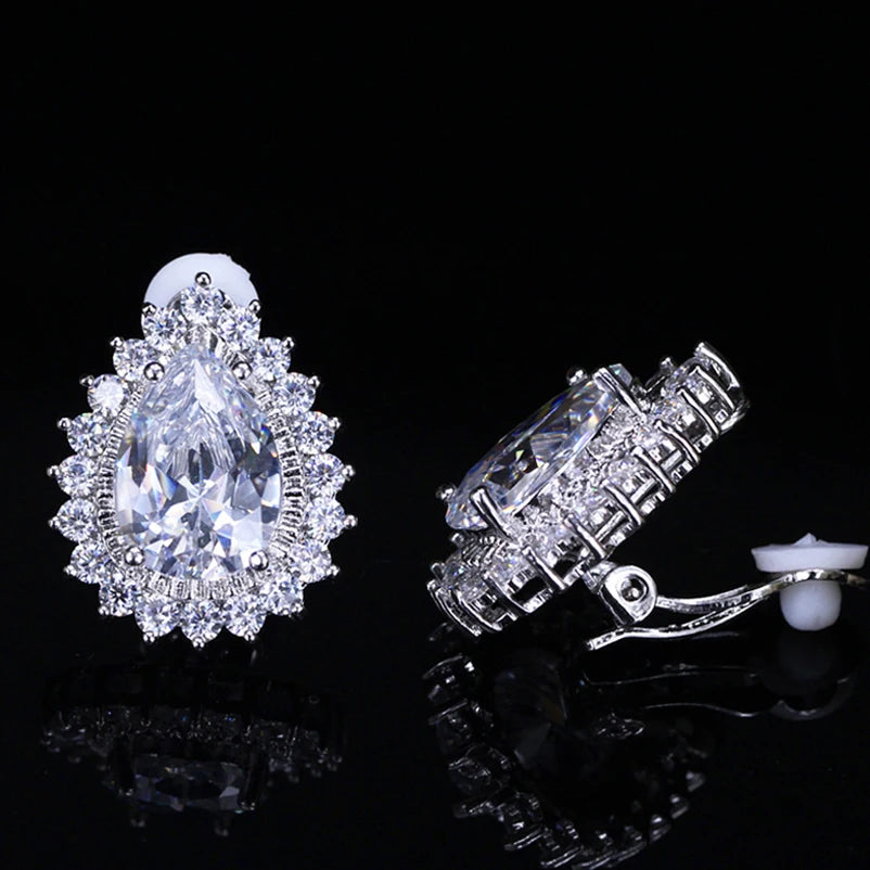 Shiny White Pear Cut Cubic Zircon Studded Clip on No Hole No Pieced Earrings for Women Wedding Dress Accessories