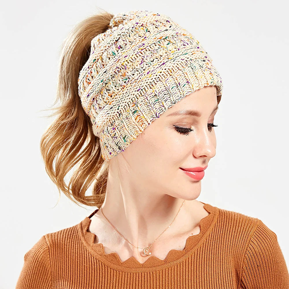 QINGYAN Custom Mixed-Colour Ladies Knit Winter Cap Autumn Female Beanie with Top Hole for Women and Girls