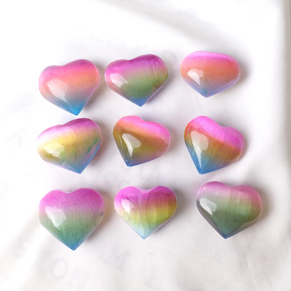 Natural Stone Electroplated rainbow Aura Selenite Heart Healing Stone Carved Crystal Crafts