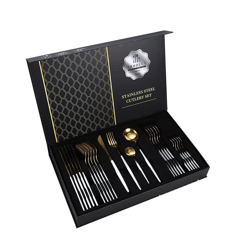 Nouveau Produit Durable Cuillere Fourchette or Blanc En Acier Inoxydable 18/0Cuisine Vaisselle Couverts Couverts Ensemble 24 Pcs