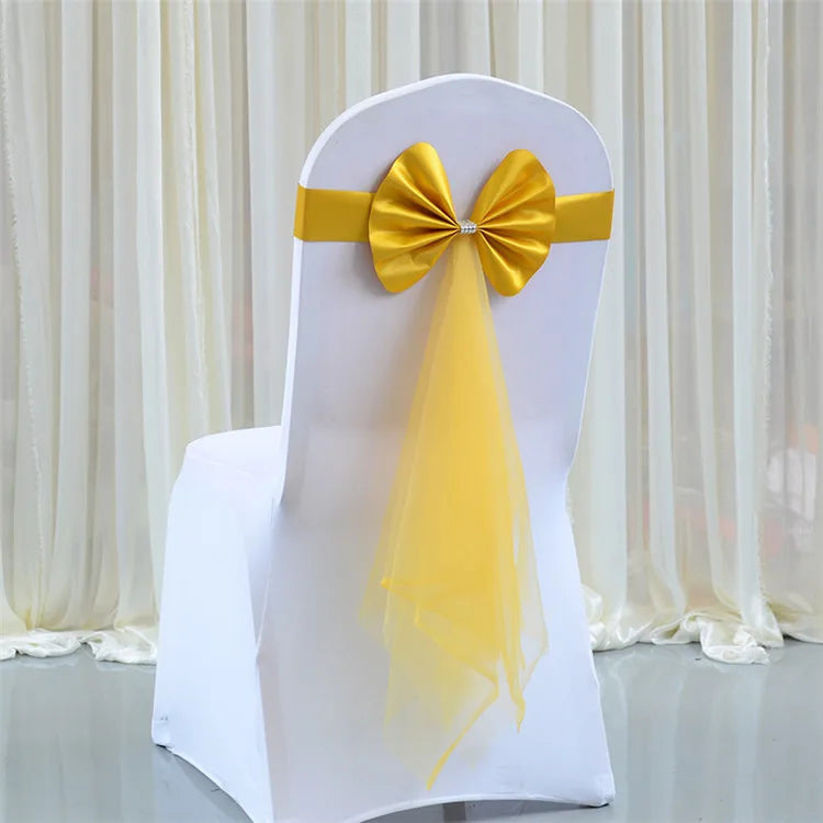 Elastic Stretch Chair Sashes Bow Tie Chiffon Banquet Flower Back Cover Bands With Buckle for Wedding Hotel Party Decoration