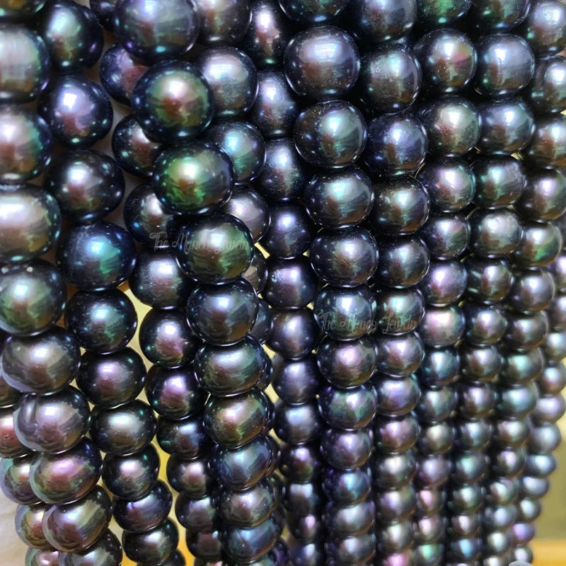 9-10mm Peacock Green Flat Freshwater Pearl Strand Hand-Beaded DIY Jewelry with Side Hole Natural Loose Pearls