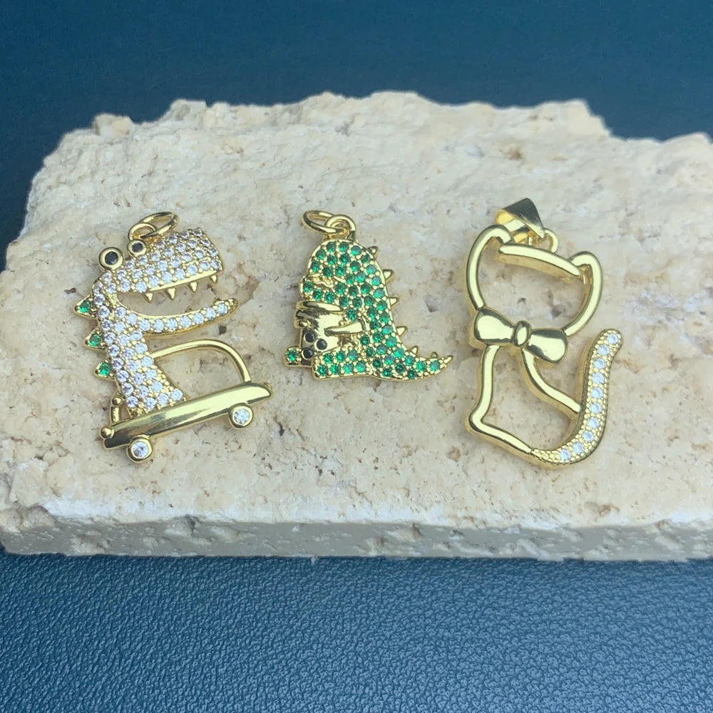 Metal Zircon Dinosaur Cat Animal Charms Pendants for Jewelry Making Fashion DIY Necklace Earring Accessories