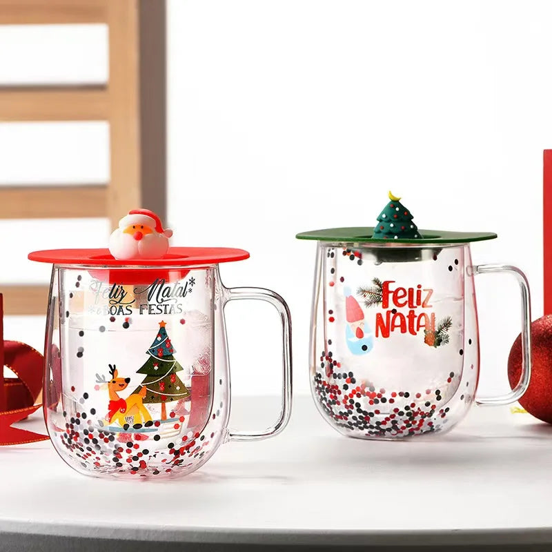 2024 Creative High Borosilicate New Christmas Tree Cup Heat Resistant Double Wall Cup Flowing Sequin Christmas Glass Cups