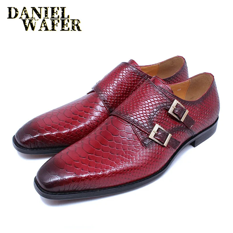 Factory Custom Luxury Snake Print Men's Dress Leather Shoes Double Metal Buckle slip on Red Black Office Wedding Dress