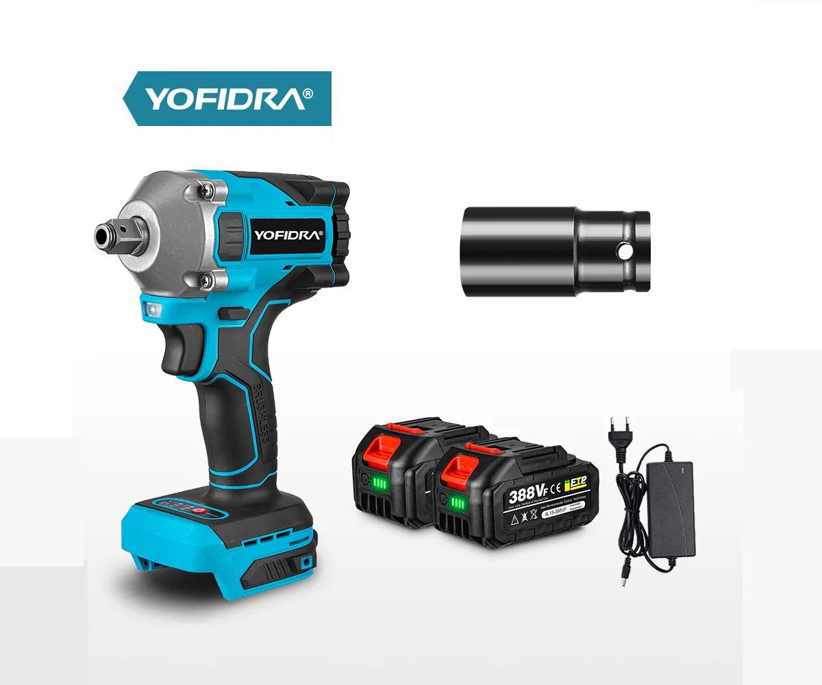 Yofidra 1000N.m 20V Brushless Electric Impact Wrench Cordless 1/2 Inch Li-ion Battery 220V DIY