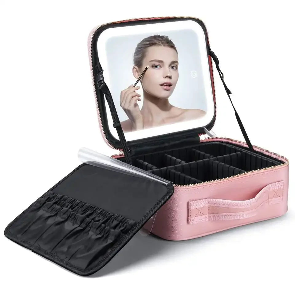 Custom Logo Multi-function Pink Travel Makeup Organizer Make up Storage Bag With Led Light Mirror