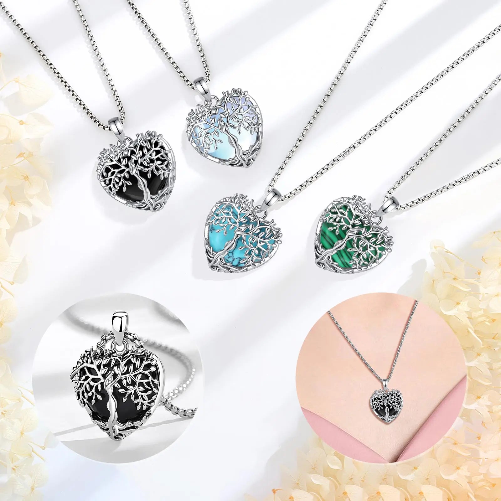 Merryshine Fine Brass Jewelry Tree of Life Blue Black Agate Stone Gemstone Stylish Heart Necklace Pendant