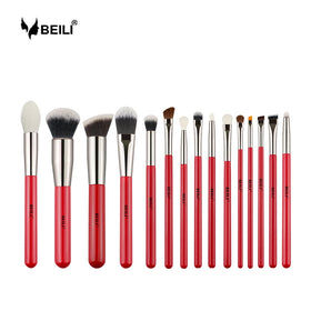 BEILI Red Wooden Handle 15pcs Natural Goat Synthetic Hair Cosmetic Makeup Brush Set Private Label Makeup Brushes